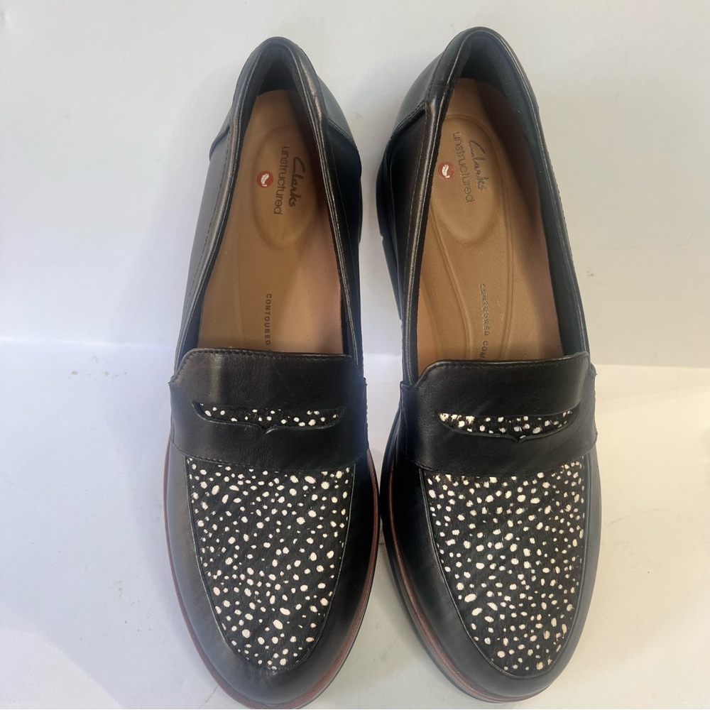 Clarks Sharon Gracie Penny Loafer Black Leather/Fur Combo Women 8.5M NWOB